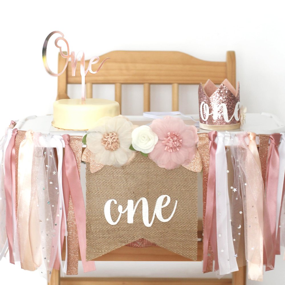 1st Birthday Party Decorations for Girls by Innerspark, Pink and Gold Floral Set, Ribbon High Chair Banner, Birthday Hat, Cake Topper, One High Chair Banner, Girls First