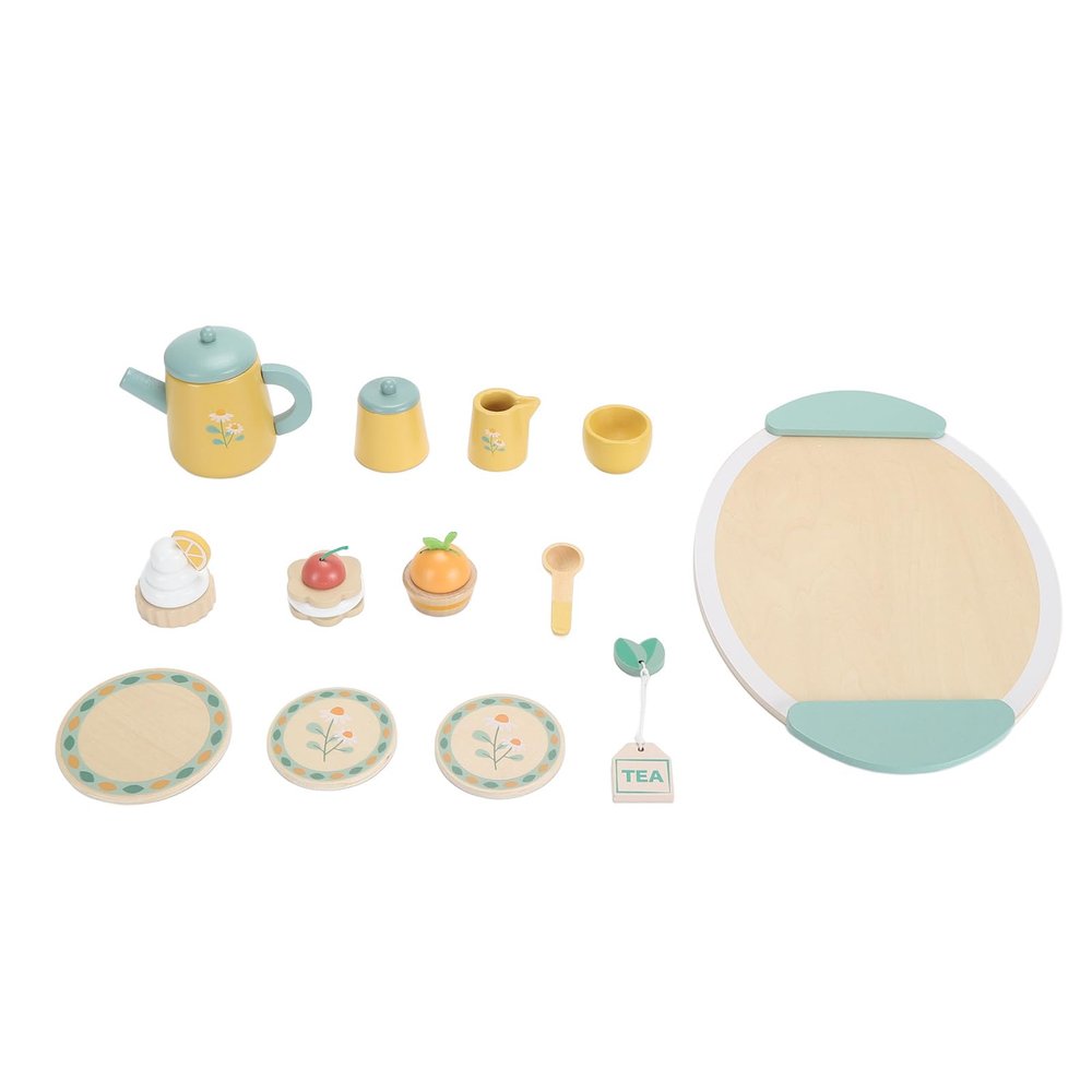 Wooden Tea Party Set for Kids Premium Durable Imaginative Play Social Skills Development Tea Set for Toddlers Boys Girls Basswood Density Board 14 Piece Set