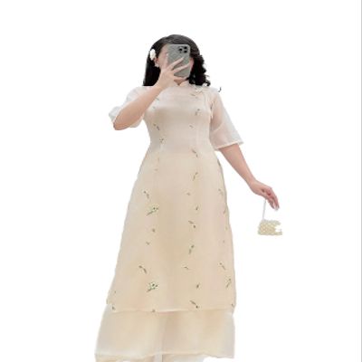 A29 Cream Petal Elegance Modern Vietnamese Ao Dai Set | o Di Kem Theu Hoa | Beige Women Ao Dai | Lunar New Year (L)