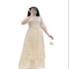 A29 Cream Petal Elegance Modern Vietnamese Ao Dai Set | o Di Kem Theu Hoa | Beige Women Ao Dai | Lunar New Year (L) view 1