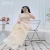 A29 Cream Petal Elegance Modern Vietnamese Ao Dai Set | o Di Kem Theu Hoa | Beige Women Ao Dai | Lunar New Year (L) view 3