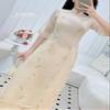 A29 Cream Petal Elegance Modern Vietnamese Ao Dai Set | o Di Kem Theu Hoa | Beige Women Ao Dai | Lunar New Year (L) view 4