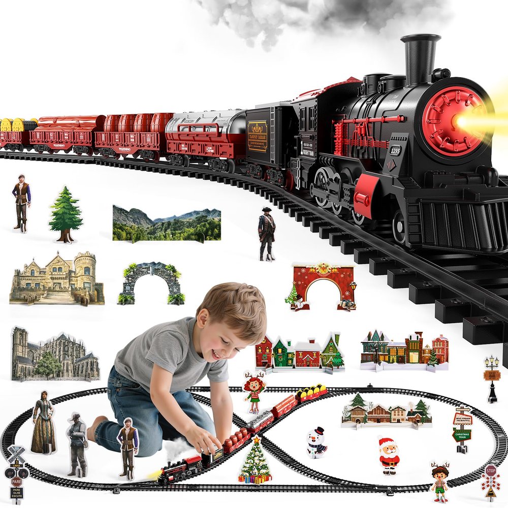 NIPLOOOW Train Set for Toddlers 3-5, Electric Alloy Train Toy with Realistic Sound, Lights and Smoke for Under Christmas Tree,Toddler Model Trains for 3 4 5 6 7 8 Years Old Kids Toys Gifts