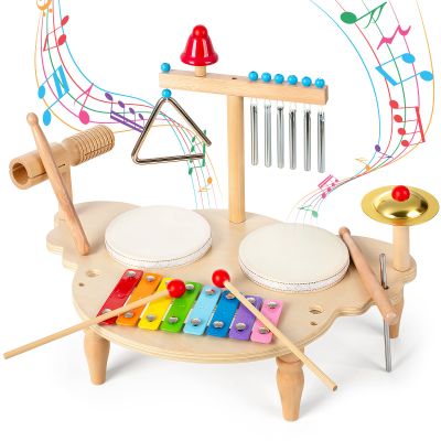 Baby Drum Set for Toddlers 1-3, Wooden Musical Percussion Instruments with Xylophone, Kids Drumset Educational Montessori Music Toys Birthday Gift for Boys Girls