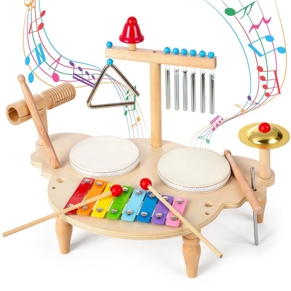 Baby Drum Set for Toddlers 1-3, Wooden Musical Percussion Instruments with Xylophone, Kids Drumset Educational Montessori Music Toys Birthday Gift for Boys Girls
