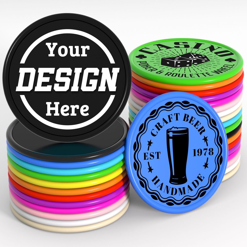 200-1000 Custom Plastic Poker Chips, Personalized Drink Token Chips, Double-Sided Color Print with Your Logo/Image/Text for Bar, Party, Events, Weddings, Schools, Promotions & Coupons (Black)