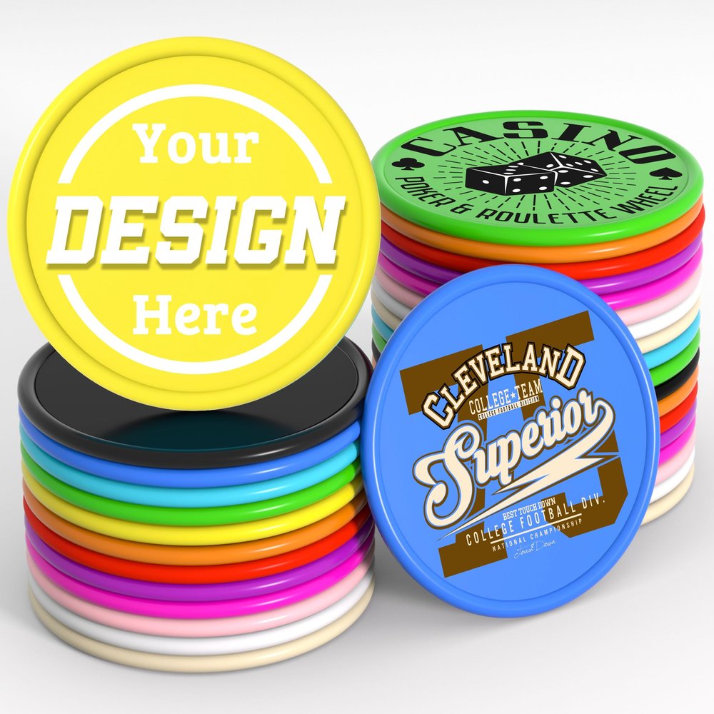 200-1000 Custom Plastic Poker Chips, Personalized Drink Token Chips, Double-Sided Color Print with Your Logo/Image/Text for Bar, Party, Events, Weddings, Schools, Promotions & Coupons (Yellow)