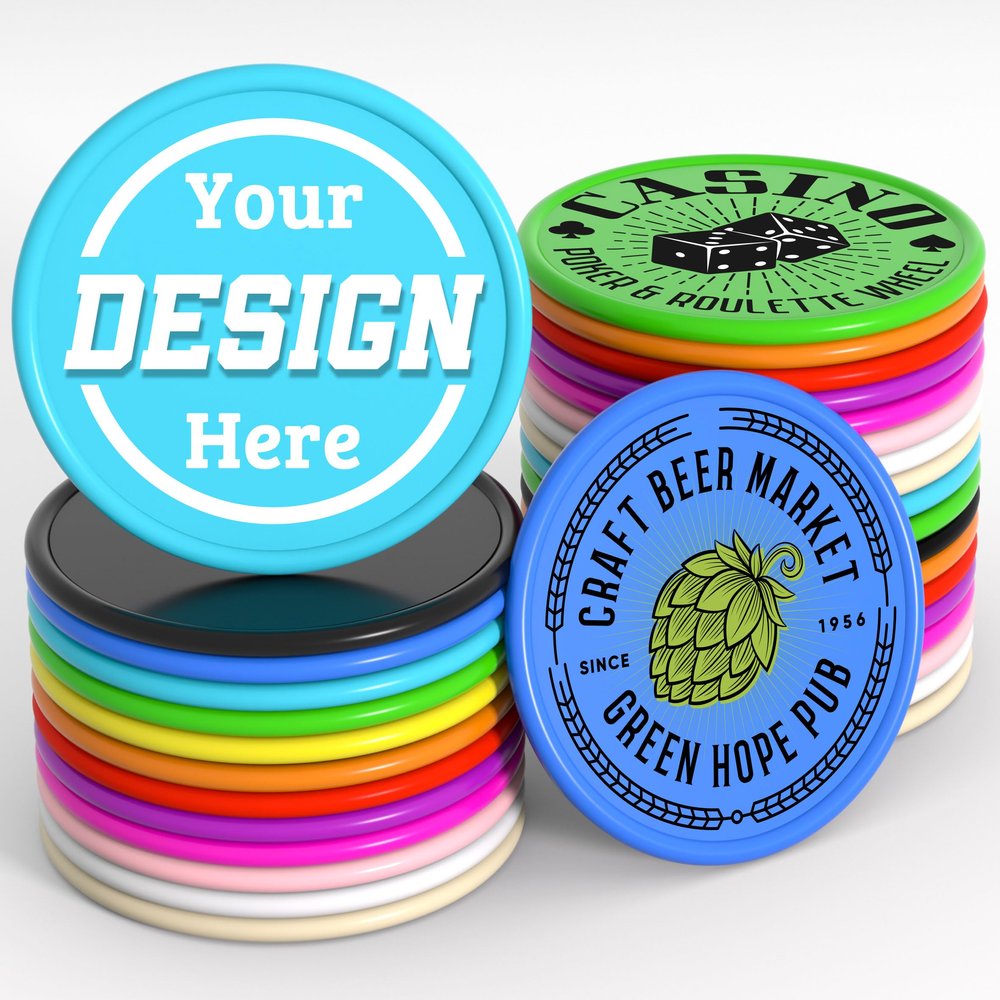 200-1000 Custom Plastic Poker Chips, Personalized Drink Token Chips, Double-Sided Color Print with Your Logo/Image/Text for Bar, Party, Events, Weddings, Schools, Promotions & Coupons (Light Blue)