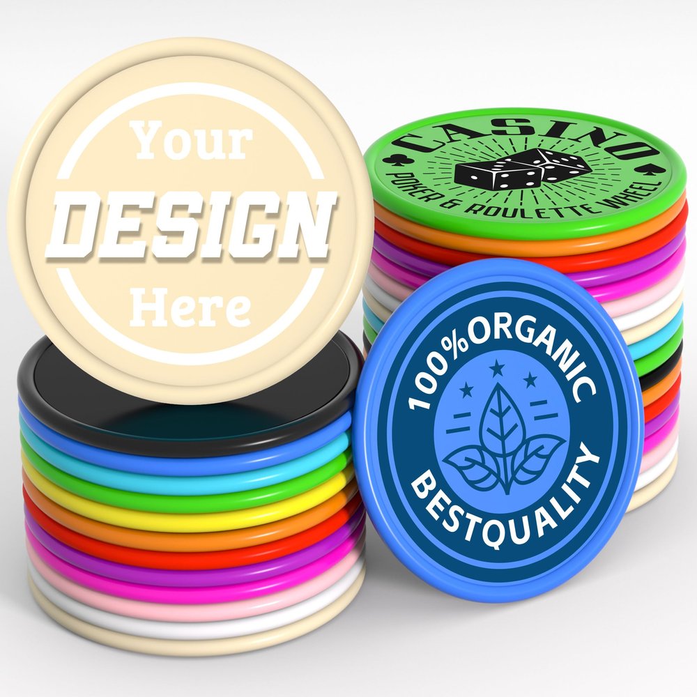 200-1000 Custom Plastic Poker Chips, Personalized Drink Token Chips, Double-Sided Color Print with Your Logo/Image/Text for Bar, Party, Events, Weddings, Schools, Promotions & Coupons (Beige)