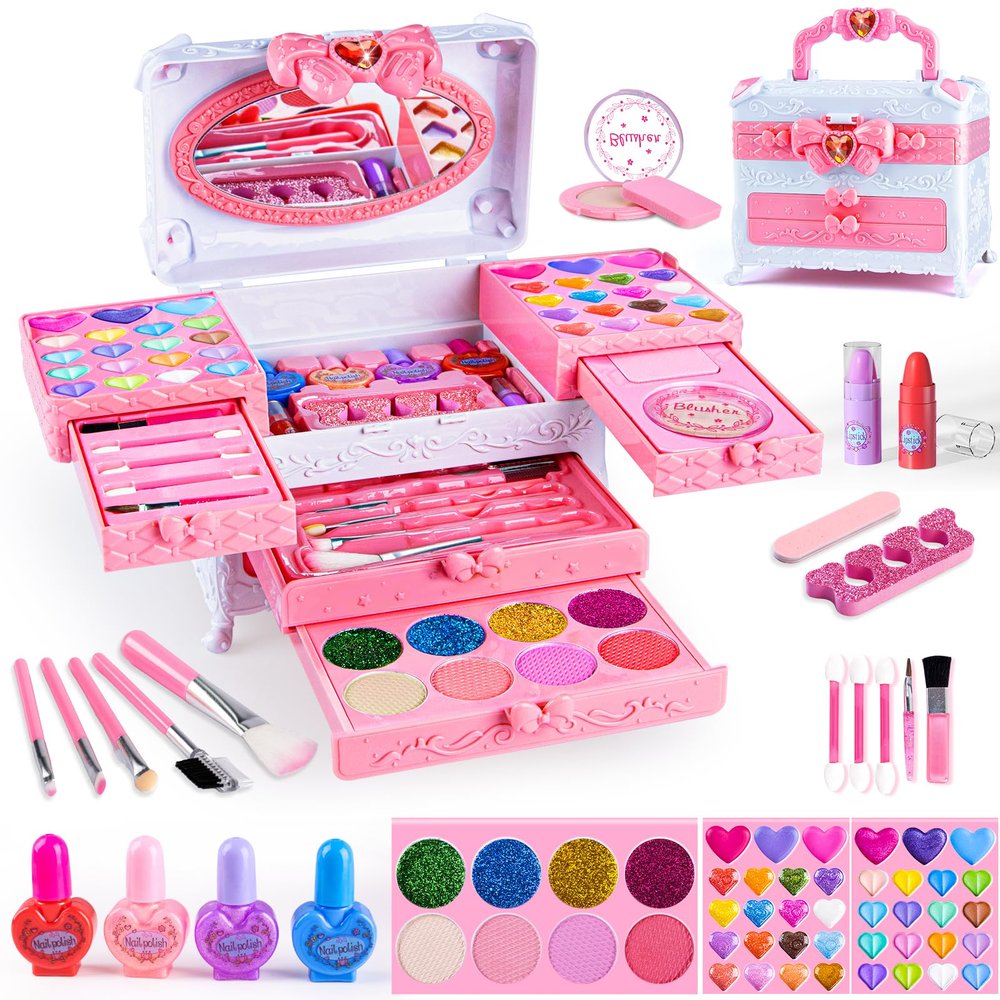 GORISPI Kids Makeup Sets for Girls, 66pcs Real Cosmetic for Kids Toys with Mirror, Princess Washable Girls Makeup Kit, Non-Toxic & Safe Brithday Gifts for 3 4 5 6 7 8 10 - 12 Years OldLight Pink