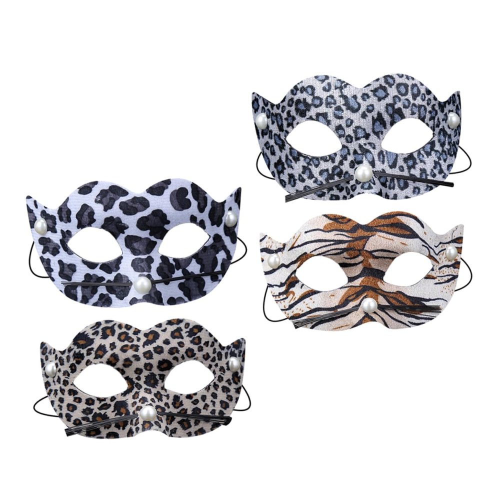 4pcs PVC Leopard Masks with Elastic Bands for Halloween Cosplay Party Supplies Smooth Edges Unisex Fancy Dress Props in Tiger Yellow Black Blue and Cow Patterns