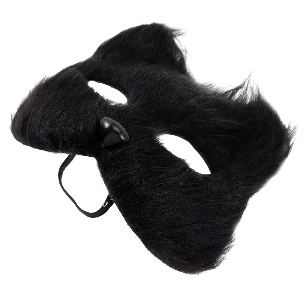 BRIGHTFUFU Black Long Fur Fox Mask Half Face Masquerade Accessory for Halloween Carnival Cosplay Parties Unisex Comfortable Elastic Band