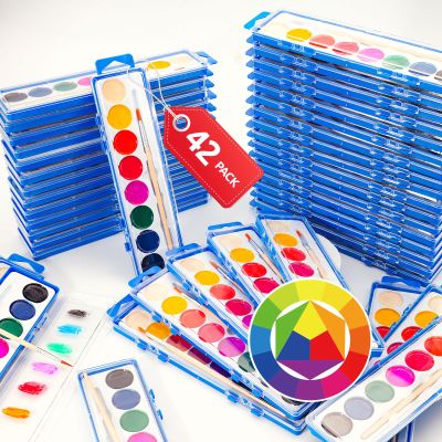 MuseLuxe 42 Pack Watercolor Paint Set for Kids - 8 Washable,Bright Colors with Paintbrush Watercolor Paint Bulk for Kids Party Favors,Classrooms Supplies,Art Lessons
