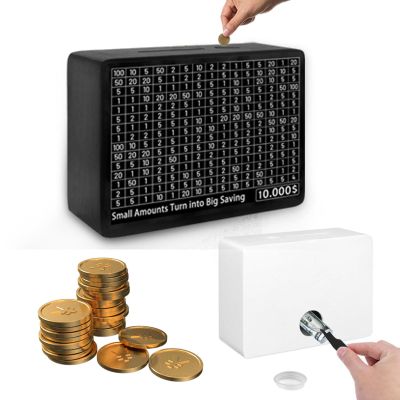 10000 Savings Challenge Box, Wooden Money Saving Cash Vault with 10 Targets, Includes Dry Erase Pen & Tweezers, Reusable Coin Bank for Adults & Kids, Budgeting Tool for Financial Goals (Black)