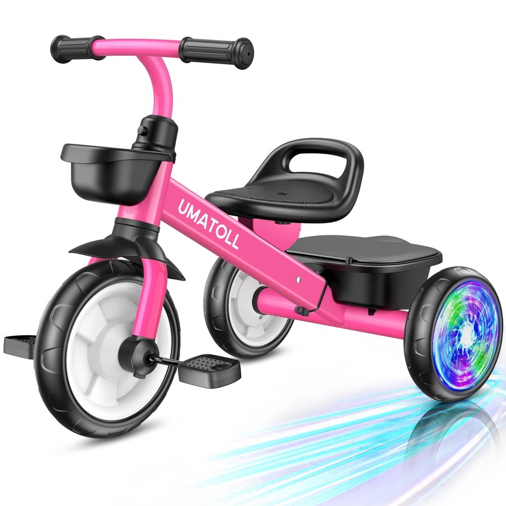 Umatoll Tricycle for Toddlers 2-5 Year Old, Ajustable Toddler Bike Outdoor Toys, Birthday Gift for Girl Boy Age 2-4, Trike with Light up Wheels (Rose)