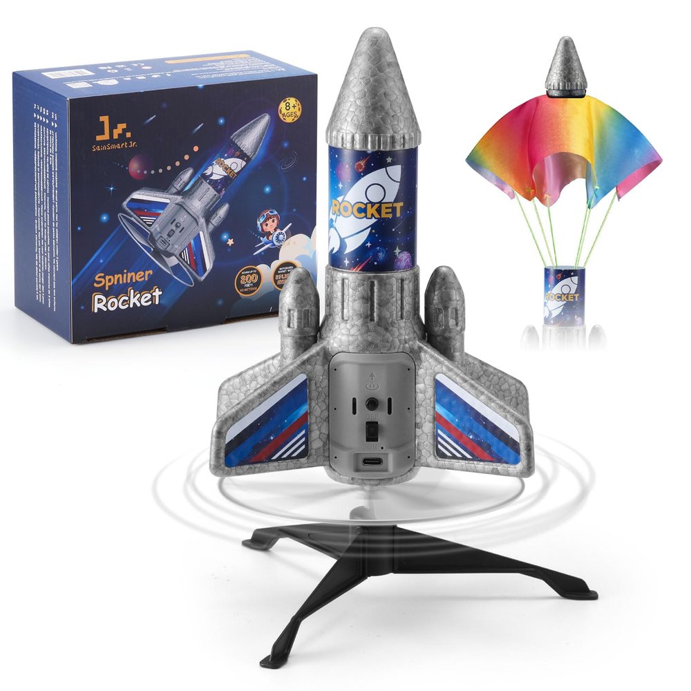 SainSmart Jr. Rocket Launcher for Kids - Upgraded Version, 200 ft Self Launching Motorized Rocket Toy with LED and Safety Parachute, Outdoor Toys for Ages 8-12, Birthday Gift for Kids Boys & Girls