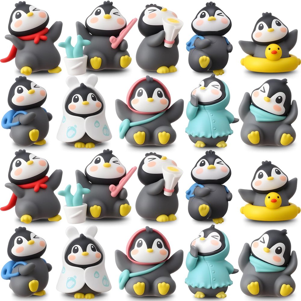 Macarrie 20 Pcs Mini Penguin Figurines Cute Penguin Characters Toys Collection Playset Christmas Winter Cartoon Figures Cake Decoration for Boy Girl Birthday Landscape Party(Elegant Style)