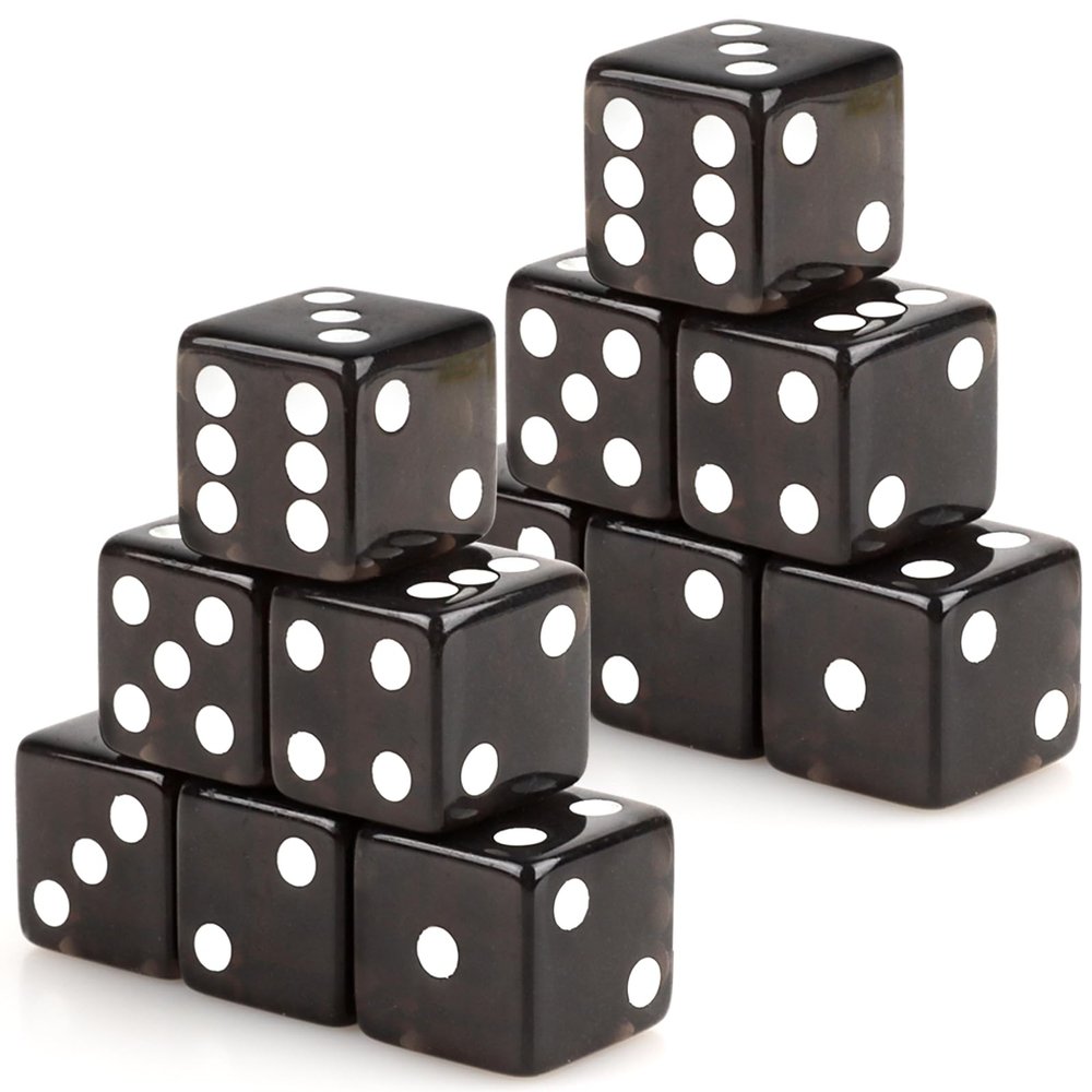 Adecortalk 12 Pcs 19 mm Casino Dice Acrylic Black Translucent D6 Dice 6 Sided with Square w/Rounded Edge for Casino Craps Table Game Night Board Games Teaching Math Supplies