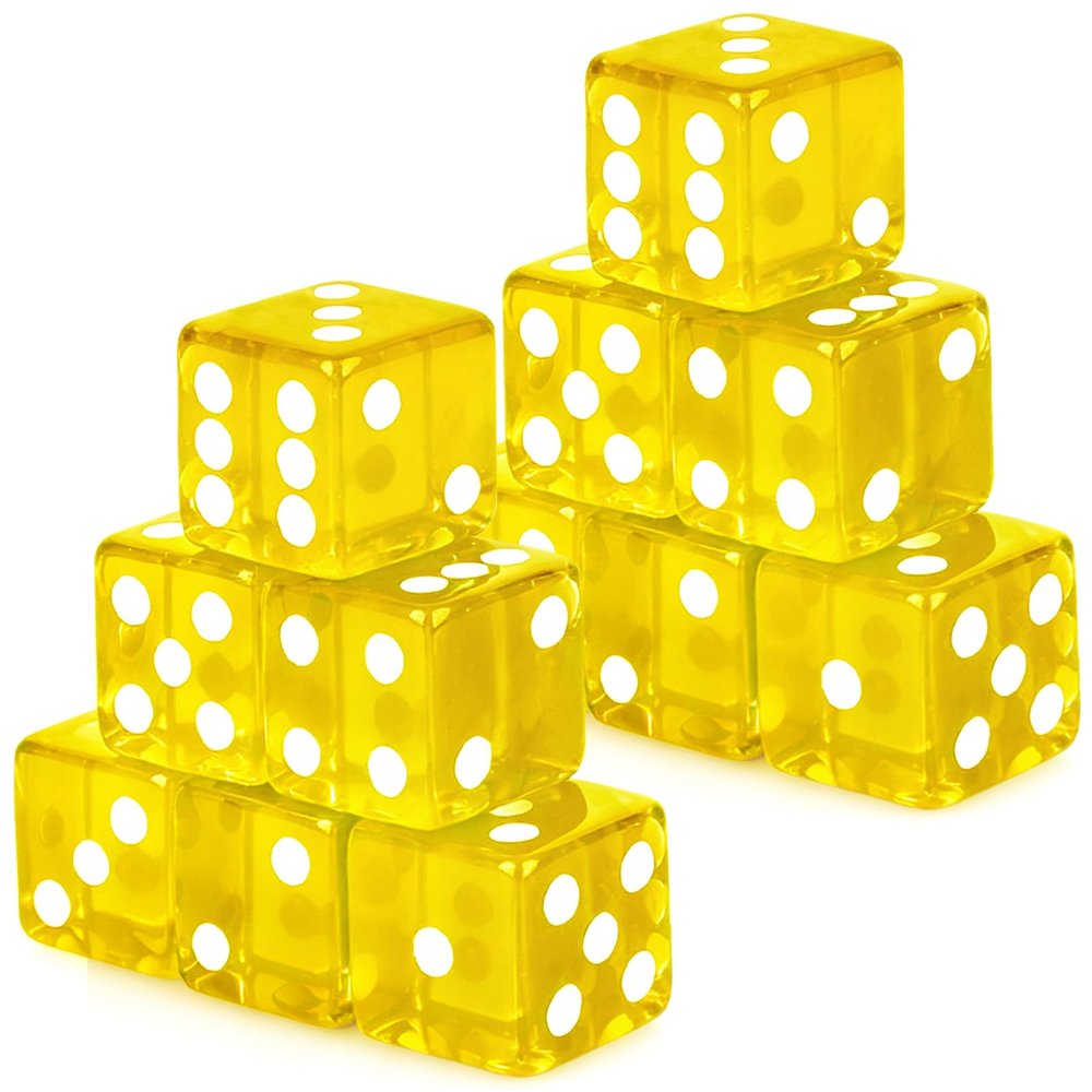 Adecortalk 12 Pcs 19 mm Casino Dice Acrylic Yellow Translucent D6 Dice 6 Sided with Square w/Rounded Edge for Casino Craps Table Game Night Board Games Teaching Math Supplies