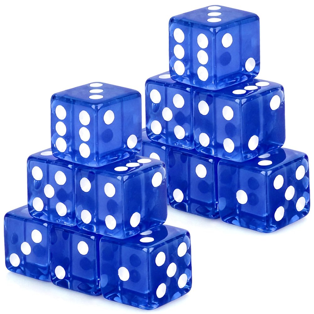 Adecortalk 12 Pcs 19 mm Casino Dice Acrylic Blue Translucent D6 Dice 6 Sided with Square w/Rounded Edge for Casino Craps Table Game Night Board Games Teaching Math Supplies