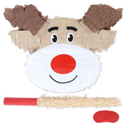 Birchio Christmas Reindeer Pinatas Bundle with a Blindfold and Bat (Small Size 16.5 x 12 x4 Inches), Holiday Theme Piata, Christmas Party Supplies, Xmas Piata, Party Decoration Games
