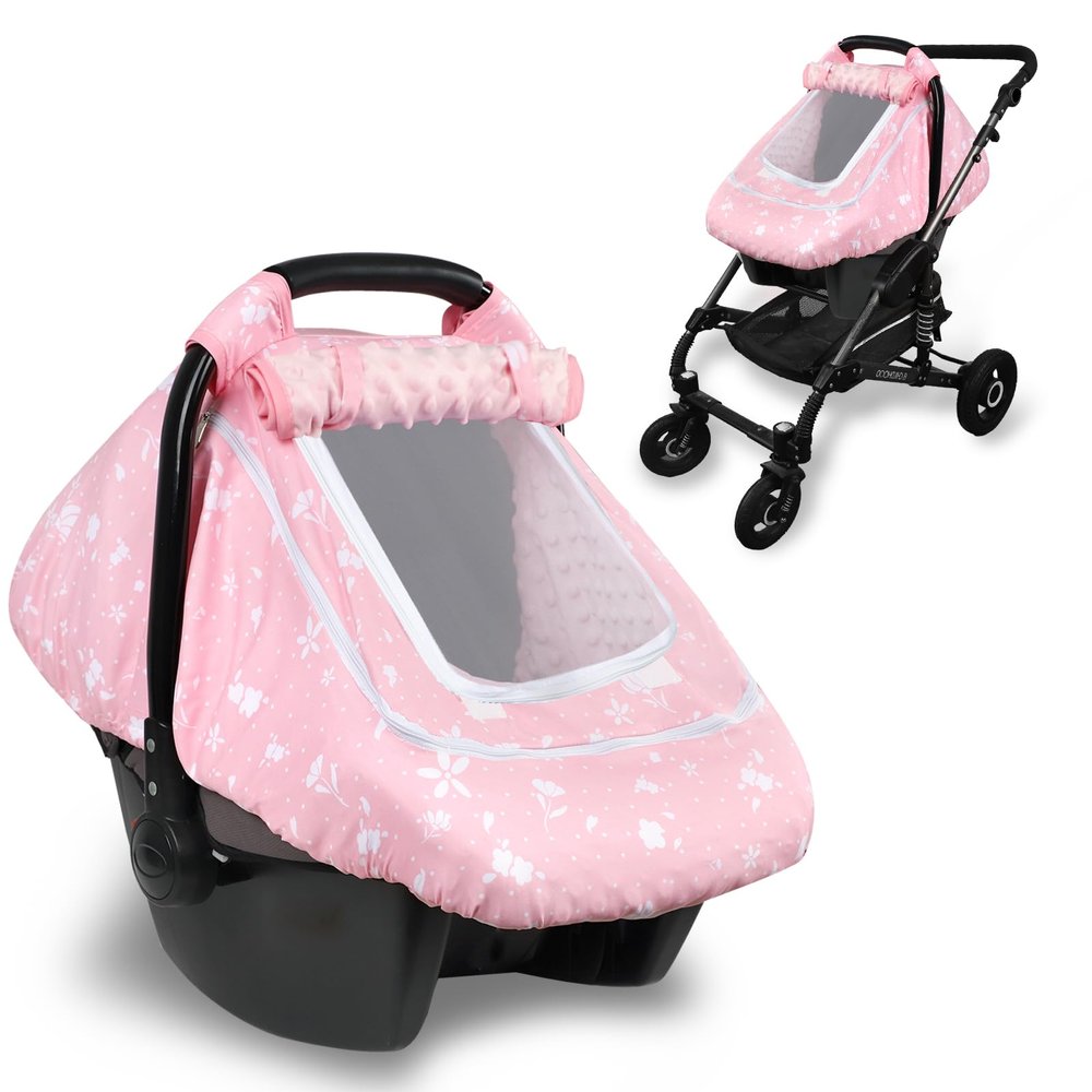 Baby Car Seat Cover for Girls, Infant CarSeat Covers with Mesh Man Fai Sky, Multi-Functional Newborn Canopy Breathable for Summer Winter, Windproof & Universal Fit, Flower