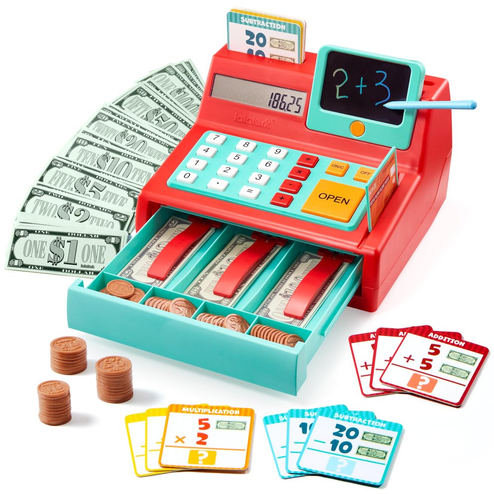 JOVA lalalark Cash Register Toy for Kids  Detachable Write & Erase Pad, Play Money, Credit Card, Grocery Store Playset, Preschool Activities, Educational Learning Toy, Toddler Birthday Gift