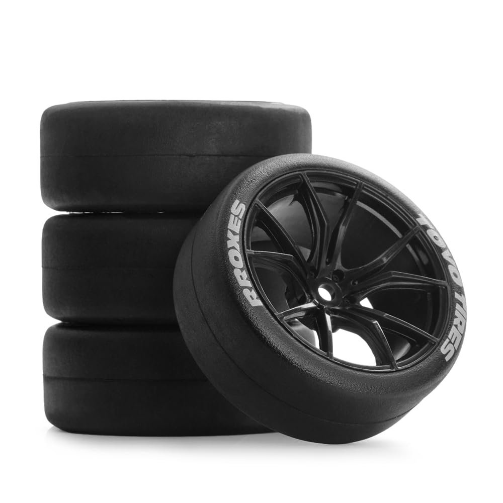 1/10 RC On-Road 64x26mm Tires & Wheels Set: Slick Rubber Tires + 12mm Hex Rims - Fits Traxxas Rally, Tamiya XV-01/XV-02, TT-01/TT-02, HPI RS4 - Drift/Race (4Pcs) (Black)