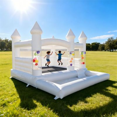 15x15FT White Inflatable Bounce House with Clear Ball Columns  100% PVC Commercial Grade Bounce House for Birthday, Wedding & Events, Durable White Castle - Style Jumper