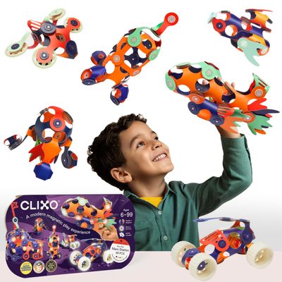 Clixo Mars Station Pack - 48 Magnetic Pieces in 14 Shapes. Flexible STEM Building Glow-in-The-Dark Set with All-Terrain Wheels & Galactic Adventure. Build Rovers, Spaceships & Labs. Ages 6+