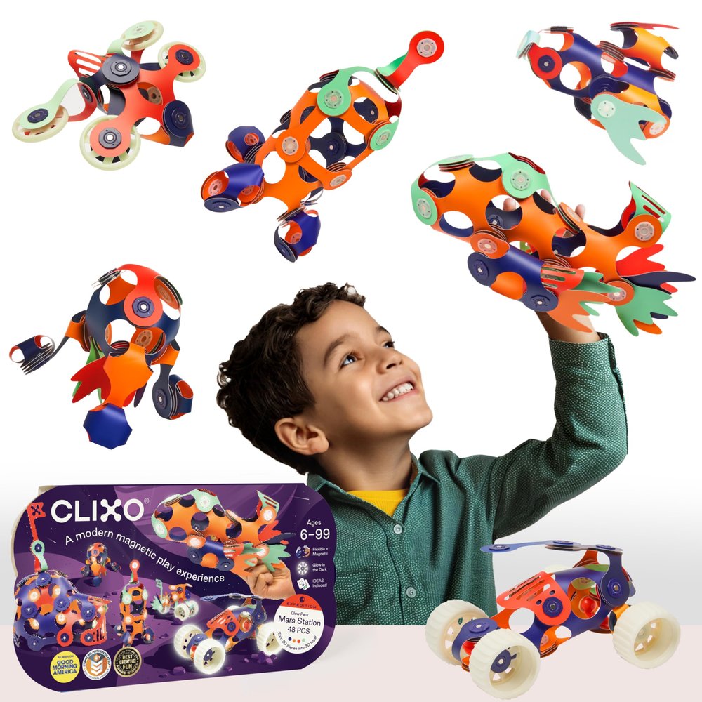 Clixo Mars Station Pack - 48 Magnetic Pieces in 14 Shapes. Flexible STEM Building Glow-in-The-Dark Set with All-Terrain Wheels & Galactic Adventure. Build Rovers, Spaceships & Labs. Ages 6+