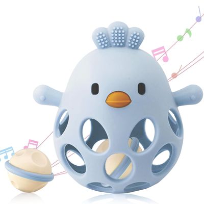 2-in-1 Baby Teething Rattle Toy, Sensory Grasping Teether for Infants 3-12 Months, 100% Food-Grade Silicone, Easy to Hold, Soothing & Developmental, BPA Free