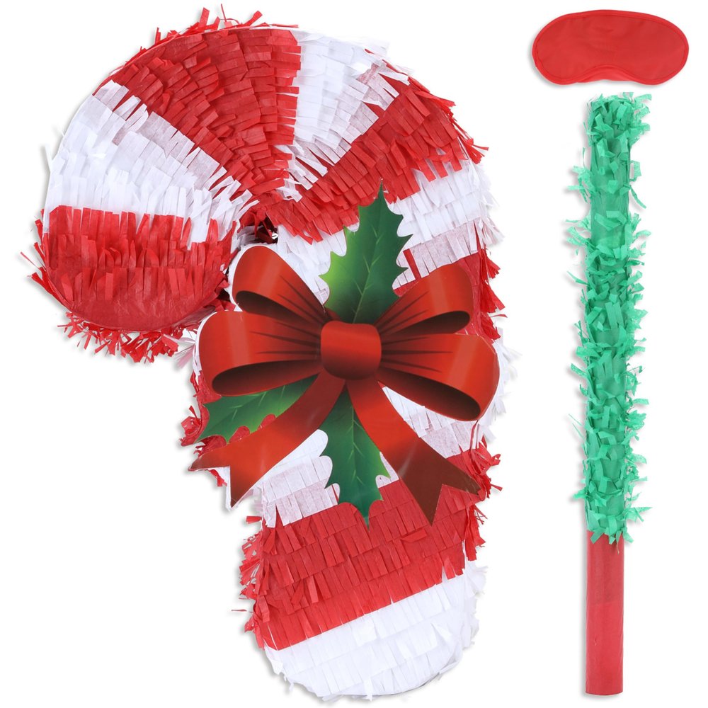 Birchio Christmas Candy Cane Pinatas Bundle with a Blindfold and Bat (Small Size 17x11x4 Inches), Holiday Theme Piata, Christmas Party Supplies, Xmas Piata, Party Decoration Games