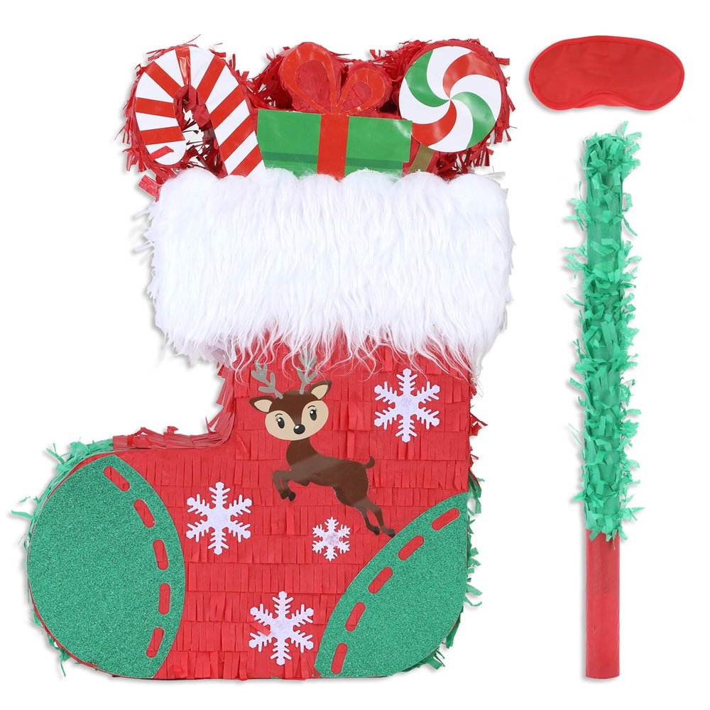 Birchio Christmas Socks Pinatas Bundle with a Blindfold and Bat (16.5x12.5x4 Inches), Holiday Theme Piata, Christmas Party Supplies, Xmas Piata, Party Decoration