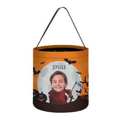 BYFDIY Personalized Trick or Treat Bucket Bag Polyester Custom Name Face Photo Halloween Baskets Unique Halloween Goodie Bags Costume Decorations Paty Gifts for Kids 18 Designs