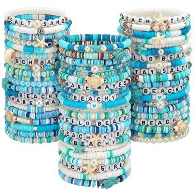 Landical 64 Pieces Summer Beach Bracelet Bulk Surfer Beaded Bracelets Stackable Clay shell Seashell Starfish Friendship Party Favor Pack Jewelry Outfits for Women Goody Bag Fillers
