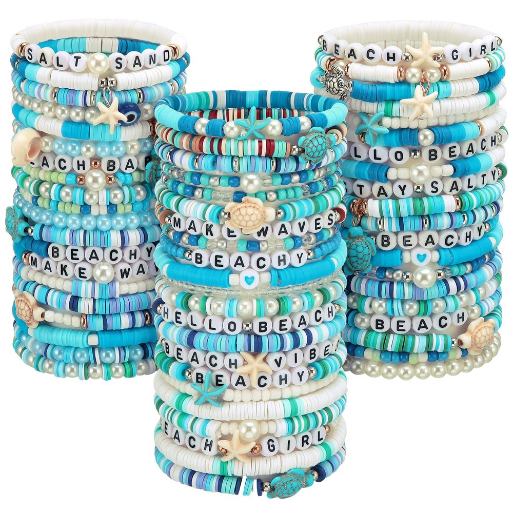 Landical 64 Pieces Summer Beach Bracelet Bulk Surfer Beaded Bracelets Stackable Clay shell Seashell Starfish Friendship Party Favor Pack Jewelry Outfits for Women Goody Bag Fillers
