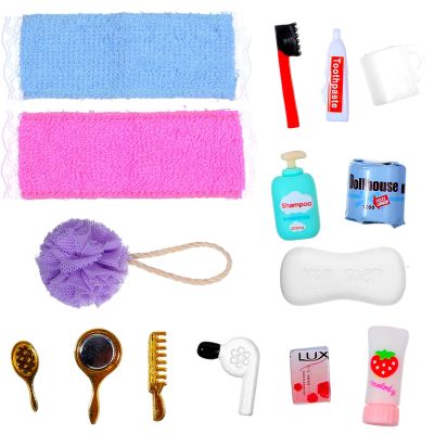 15 Pcs Mini Dollhouse Accessories Bath Mini Accessories for Dollhouse Decoration Bath Sponge Comb Toothbrush Toothpaste Cup Mirror Towel Soap Set for House Bedroom Decoration