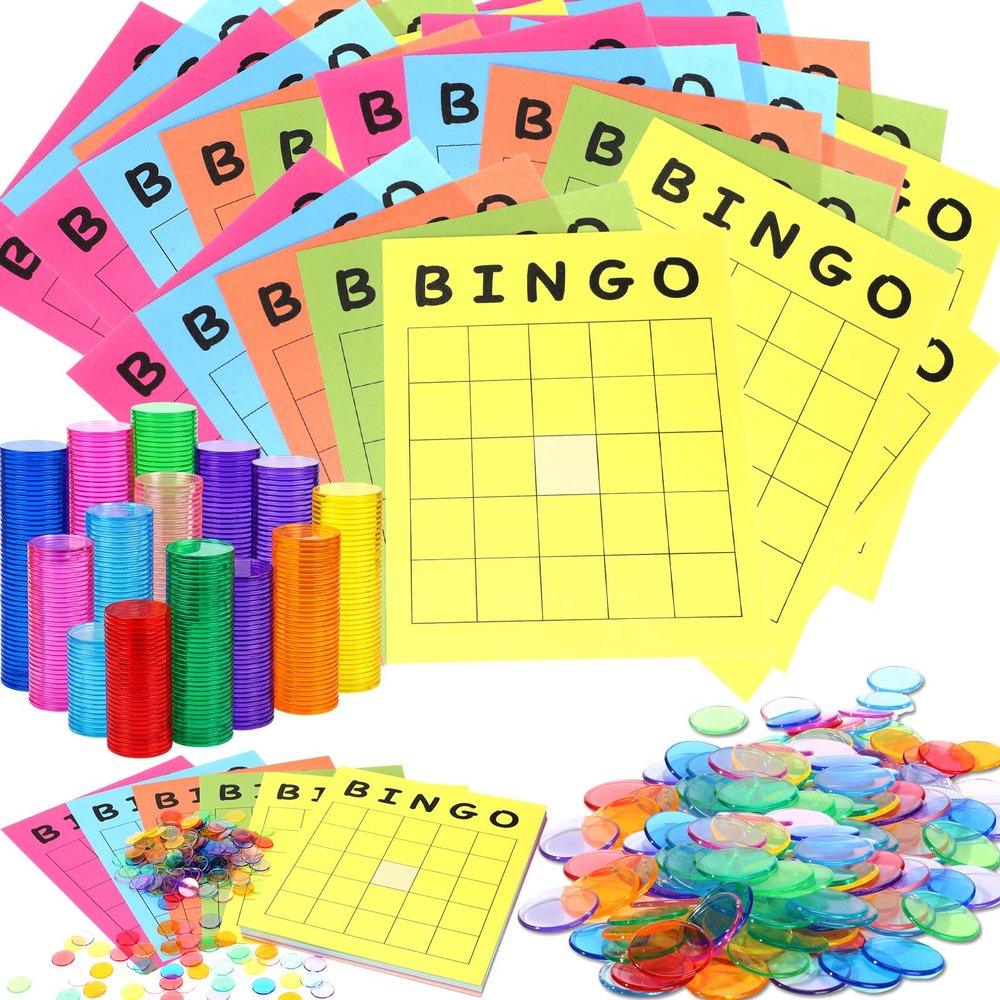 Crtiin 100 Pcs Jumbo Blank Bingo Cards and 1000 Pcs 3/4 Inch Bingo Counting Chip Multi-Color Cards Bulk in 10 Colors for Games, Parties, Contests, Wedding