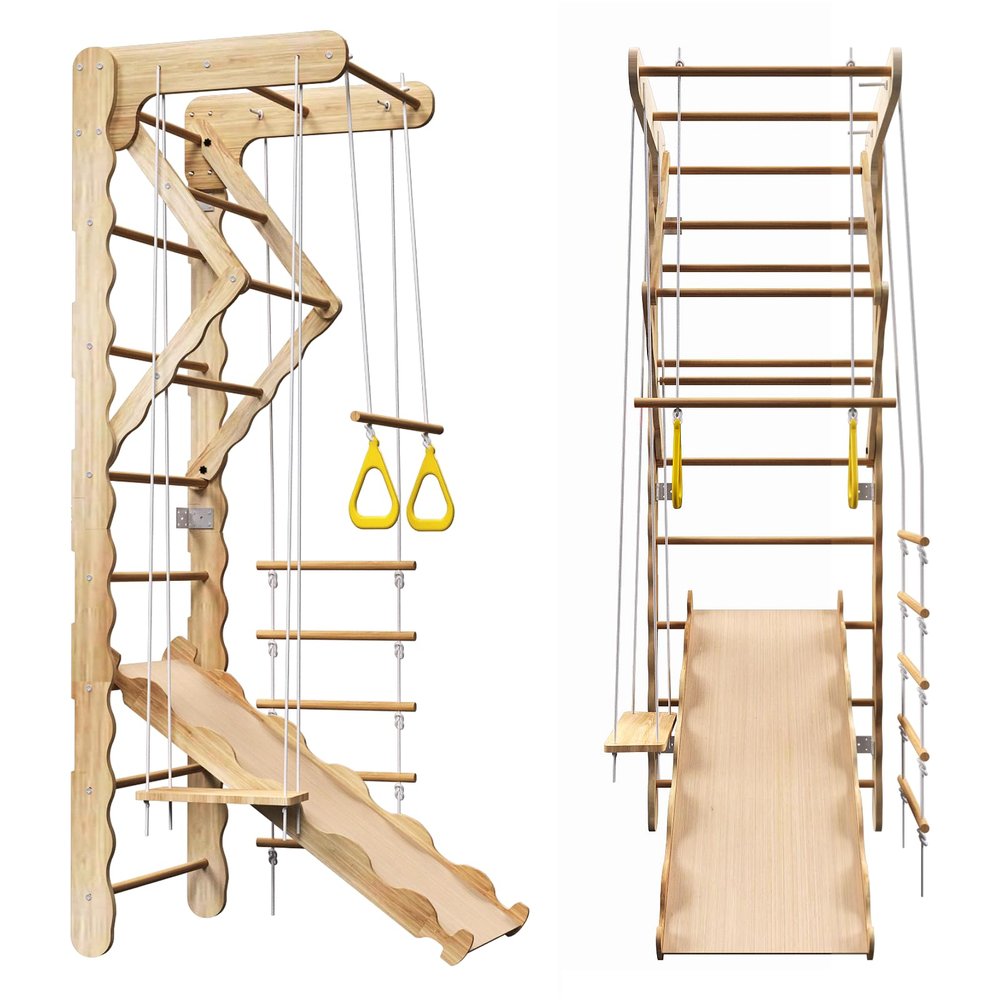 5-in-1 Indoor Playground Swedish Ladder Jungle Gym with Swing,Pull-Up Bar,Rope Ladder,Climbing Wall,Slide and Gymnastic Rings for Kids Ages 4-8
