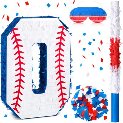 HyDren Baseball Piata Baseball Party Decorations Number Piata with Bat, Blindfold and Confetti, 16 Inch Sports Themed Birthday Party Supplies for Celebration Events(Number 0)