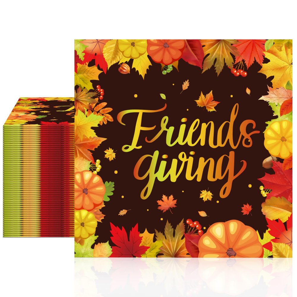 100Pcs Thanksgiving Napkins Fall Disposable Paper Napkins,Fall FriendsGiving Theme with Autumn Leaves & Pumpkins Print, Party Tableware for Thanksgiving Dinner Gathering Kitchen Decor 6.5 Inch