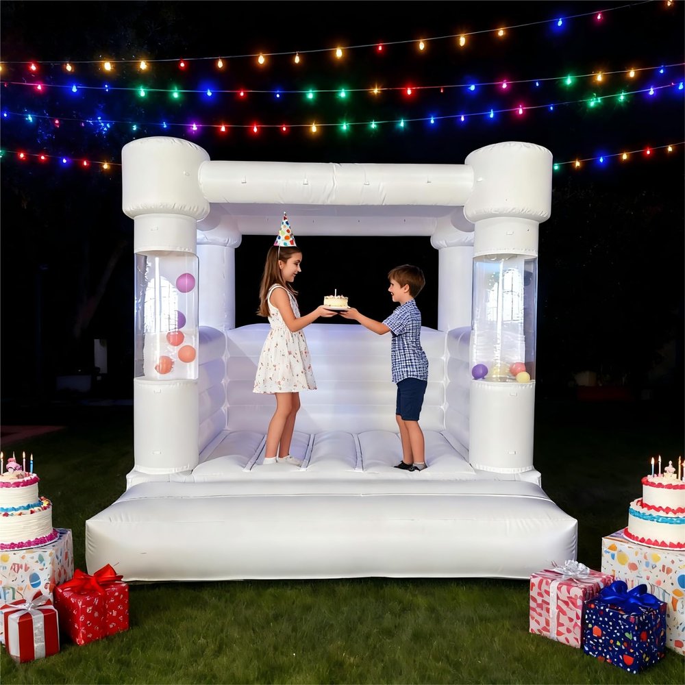 10x10FT White Inflatable Bounce House with Clear Ball Columns 100% PVC Commercial Grade Bounce House for Birthday, Wedding & Events, Durable White Castle - Style Jumper