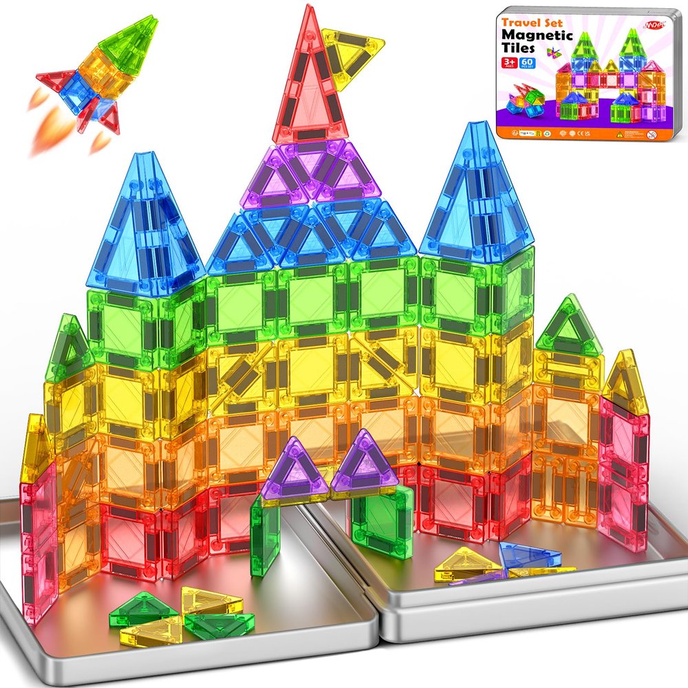 60PCS Mini Magnetic Tiles for Kids Ages 3-5 4-8 with Iron Box Travel Magnet Building Kids Toys for 3 4 5 6 7 8 Year Old Boys Girls Toddler Creativity Construction Sensory Valentines Birthday Gifts