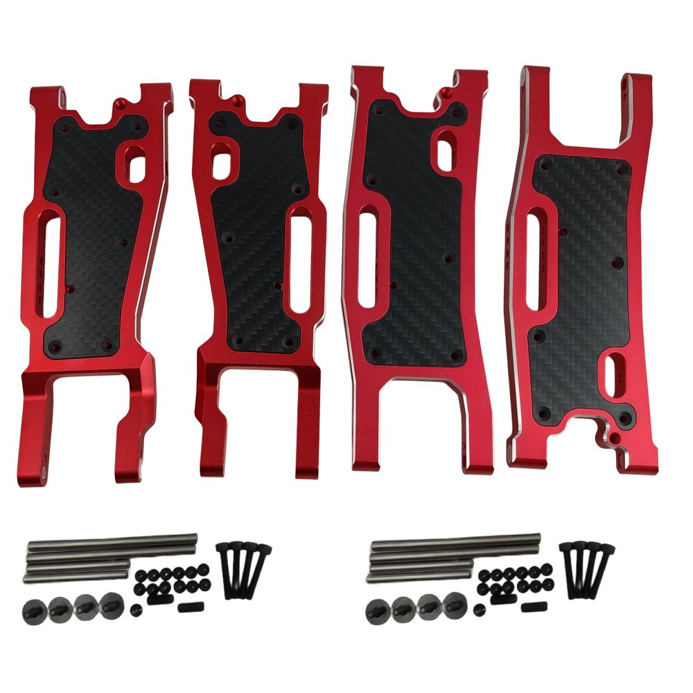 Aluminum Alloy Suspension Arms Upgrade Set for 1/8 Sledge 4WD #95076-4, 4Pcs Front & Rear Swing Arms with Carbon Fiber Dust-Proof Plates, Replacement #9533, #9534, #9530, #9531, #9633 (Red)