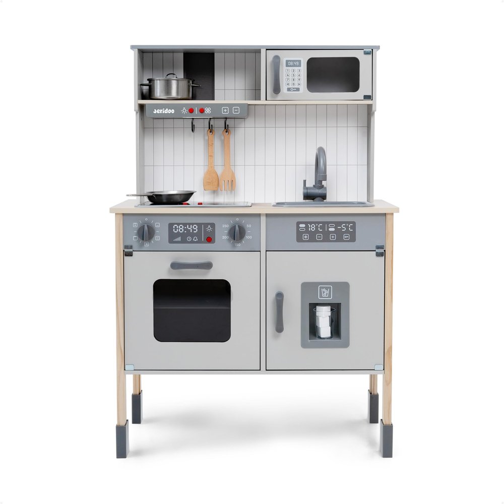 Jeridoo Wooden Kitchen Little Chef's Kitchenette Set with Light-up Oven, Microwave, ice Maker, Pretend Playset for Toddlers 3-6 Years