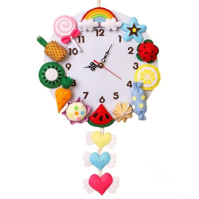 Handmade Cartoon Wall Clock Material Package, 12.6" Woven Hanging Clock For Kids, Wall Classroom School Decoration (B)