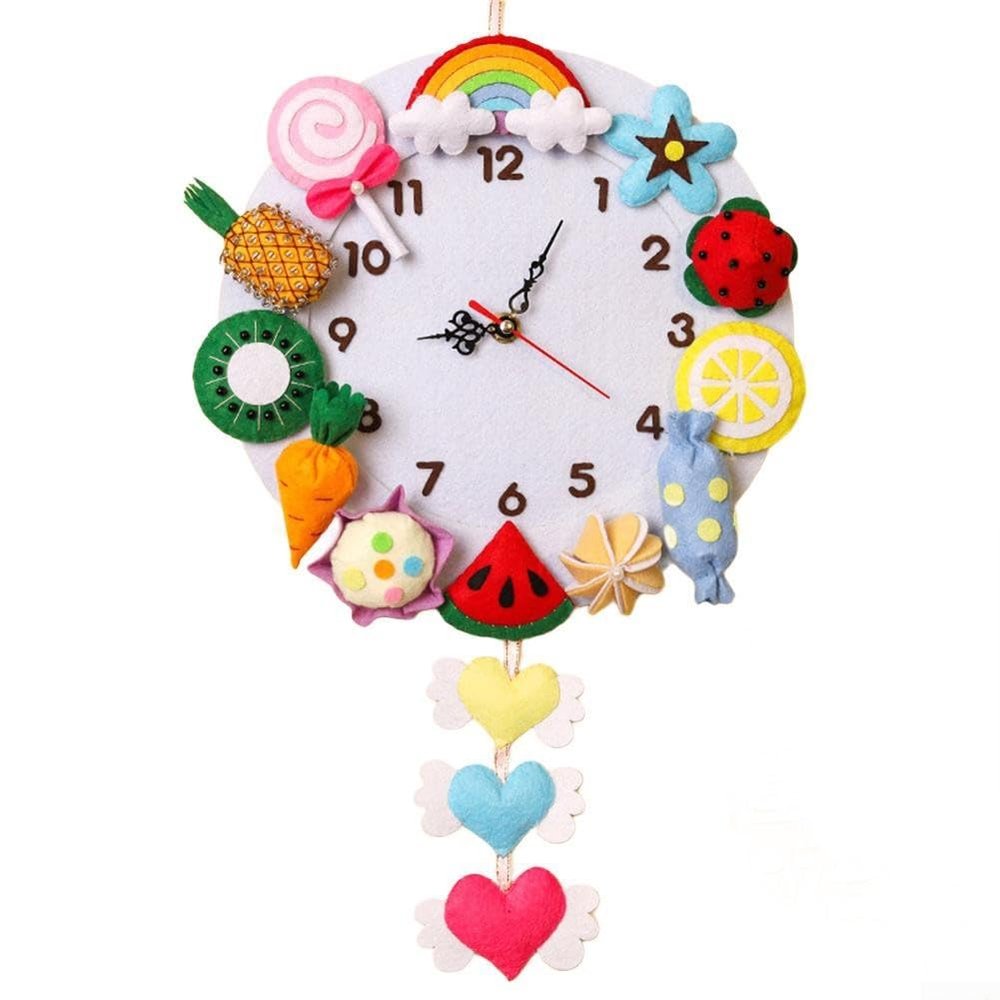 Handmade Cartoon Wall Clock Material Package, 12.6" Woven Hanging Clock For Kids, Wall Classroom School Decoration (B)
