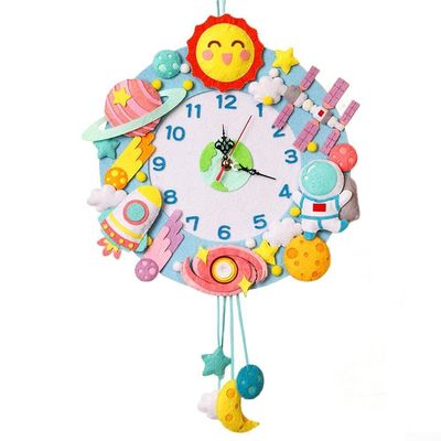Handmade Cartoon Wall Clock Material Package, 12.6" Woven Hanging Clock For Kids, Wall Classroom School Decoration (D)