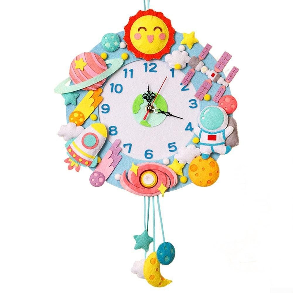 Handmade Cartoon Wall Clock Material Package, 12.6" Woven Hanging Clock For Kids, Wall Classroom School Decoration (D)